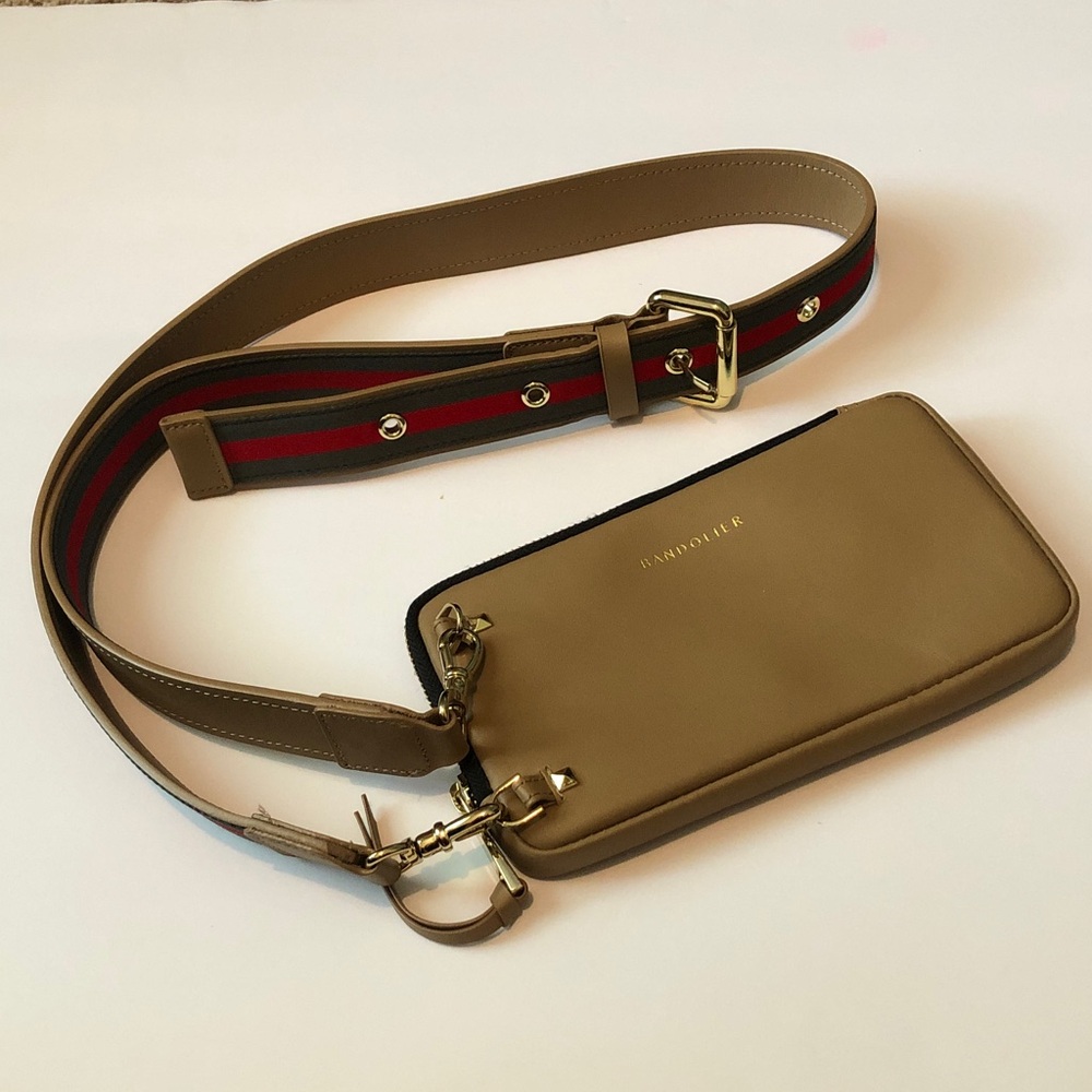 Bandolier tan mini crossbody bag/red & green strap